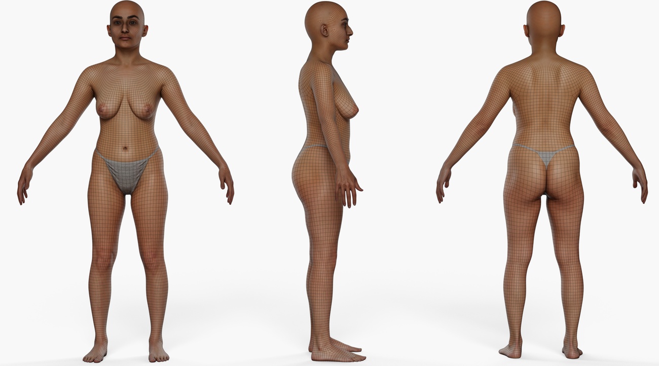 Wireframe topology overlay of a female 3D body scan showing clean quad mesh edge loops across the full figure